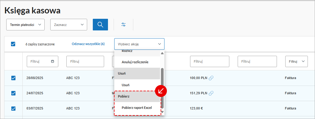 Menu wyboru roku podatkowego